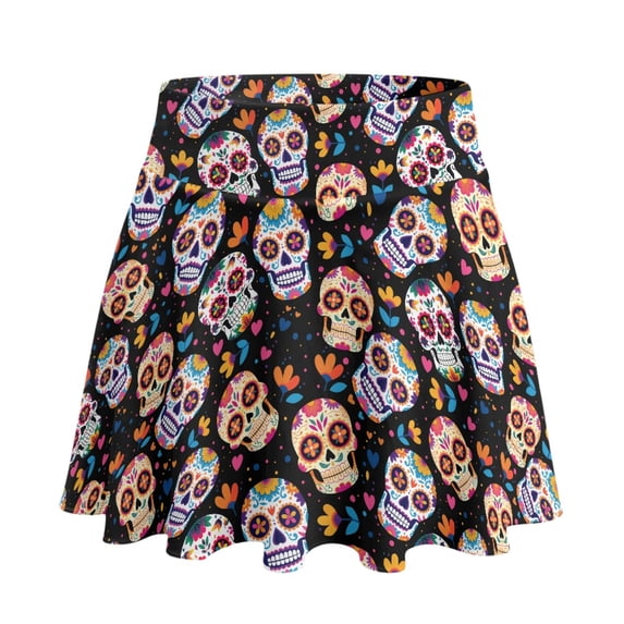 HELLHERO Sugar Skull Pattern Polyester Spandex Blend Tennis Skirt with Built-in Shorts, Flowy 2 Side Pockets Athletic Skort for Golf Pickleball Daily Wear
