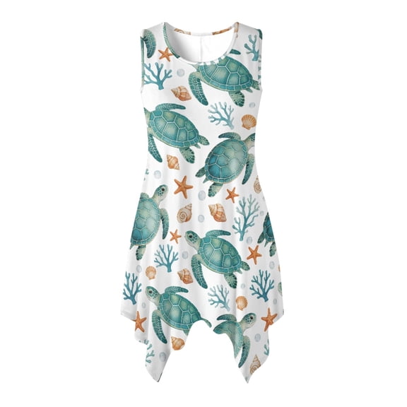 HELLHERO Summer Long Dresses, Sea Turtle Starfish Print Side Pockets Summer Sleeveless Dress, Tank Pleated Sleeveless Sundress for Cocktail Party Weekend Getaways