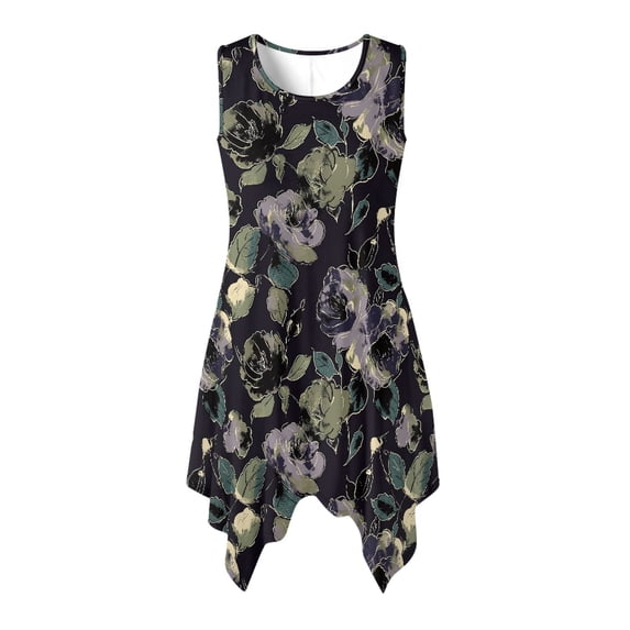HELLHERO Summer Sleeveless Dress, Floral Print Side Pockets Asymmetric Hem Midi Dress, Irregular Hem Round Neck Sundress for Holiday Vacation