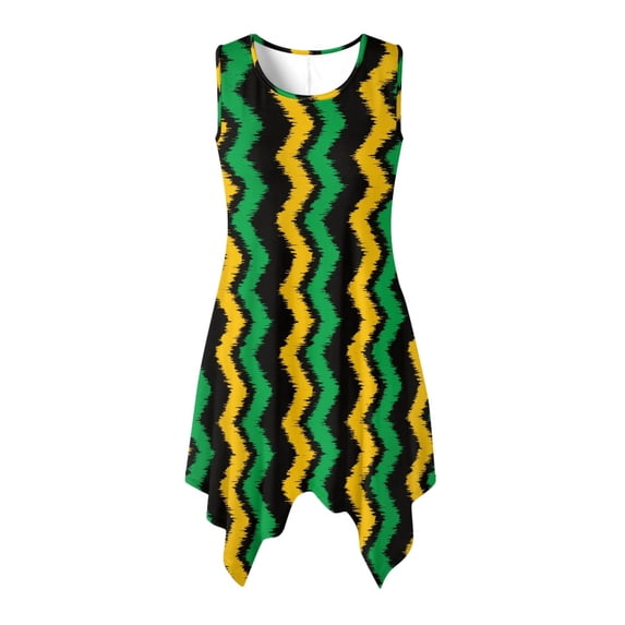 HELLHERO Summer Sleeveless Dress, Jamaican Zigzag Stripes Side Pockets Asymmetric Hem Midi Dress, Irregular Hem Round Neck Sleeveless Sundress for Work
