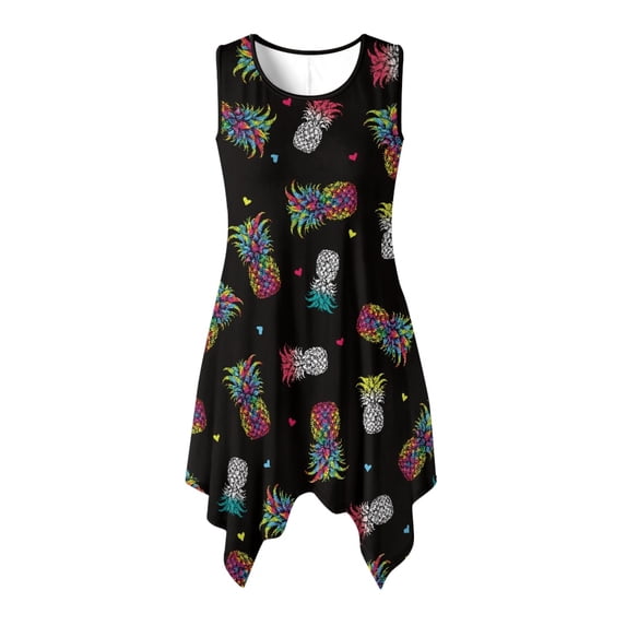HELLHERO Summer Sleeveless Dress, Pineapple Print Side Pockets Summer Dresses, Crew Neck Irregular Hem Sleeveless Sundress for Cocktail Party Vacation