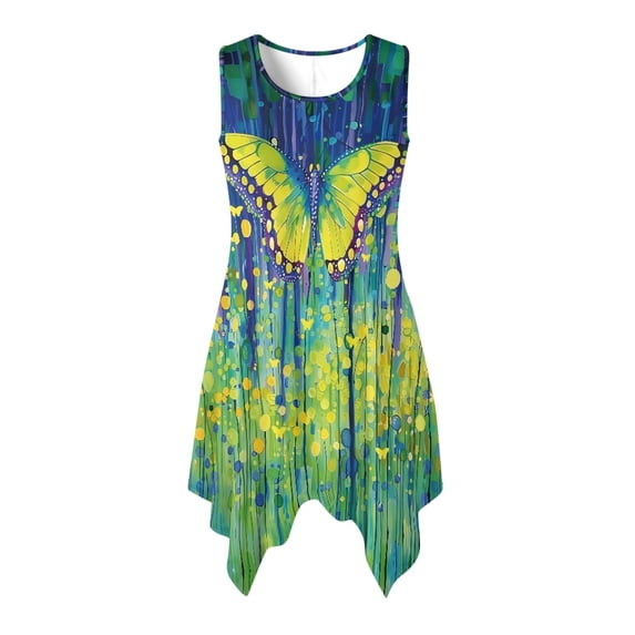 HELLHERO Summer Sleeveless Dress, Yellow Butterfly Art Print Side Pockets Sleeveless Sundress, With Side Pockets Irregular Hem Asymmetric Hem Midi Dress for Dating
