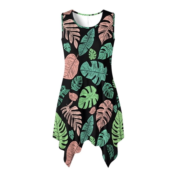 HELLHERO Sundress, Green and Pink Monstera Leaves Side Pockets Women's Sleeveless Dress, With Side Pockets Skin Friendly Summer Dresses for Beach Vacation