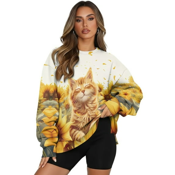 HELLHERO Sunflower Cat Print Women Pullover Tops Long Sleeve, Crewneck Sweatshirt 2025 Fashion Comfy Oversized Sweatshirt Size XL