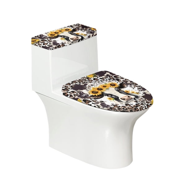 HELLHERO Sunflower Cow Adds Holiday Charm Toilet Top Cover Set Soft Polyester Fabric, Elastic Bottom, Fits All Toilet Shapes 17x21 Inches
