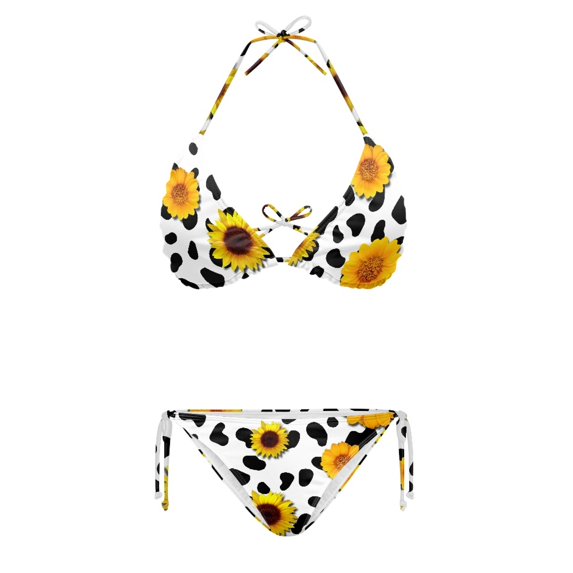 HELLHERO Sunflower Cow Print Two Piece Bikini Set Premium Quality Ladies Bathing Suit Swimwear with Removable Padding Strong Stitching Halter Tie