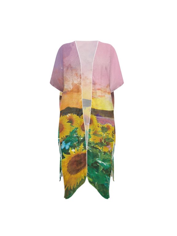 Sunflower Field Bikini Cover Up Swimsuit Coverup Polyester Half Sleeve Beach Cover Up
