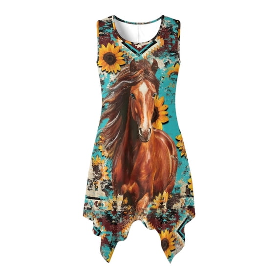 HELLHERO Sunflower & Horse Print Summer Sleeveless Dress, Side Pockets Sleeveless Sundress Round Neck Asymmetric Asymmetric Hem Midi Dress for Cocktail Party