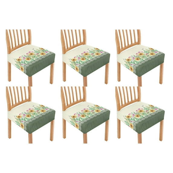 HELLHERO Sunflower Print Dining Chair Seat Covers Set of 6, Decorative Chair Seat Slipcovers for Kitchen, Dining Chairs Cushion Protector, Kitchen Decor, Green