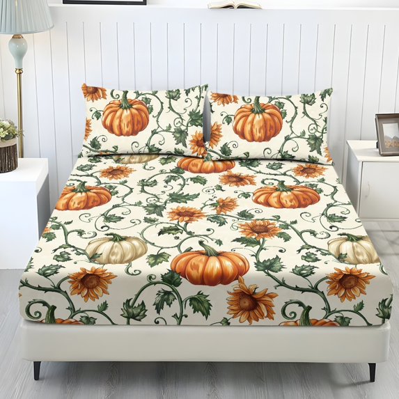 HELLHERO Sunflower and Pumpkin Pattern 3 Piece Fitted Sheets with Easy Care High Elasticity, 1 Fitted Sheet and 2 Pillowcases, No Flat Sheet Fitted Bedding Set for Household Homestay