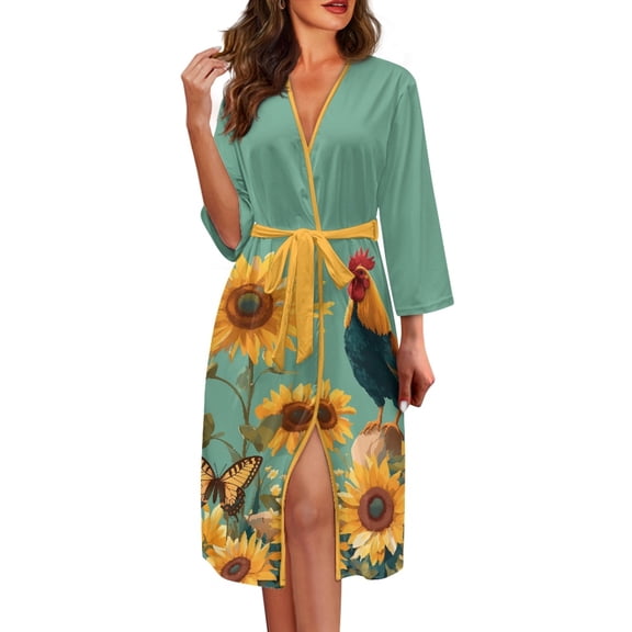 HELLHERO Sunflower Rooster Butterfly Print Long Sleeve Soft Robes, Elastic Cloth Long Sleepwear for Ladies and Women, All Season Home Wear