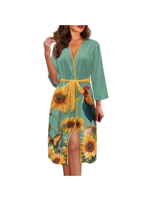 Sunflower Rooster Butterfly Print Long Sleeve Soft Robes, Elastic Cloth Long Sleepwear for Ladies and Women, All Season Home Wear