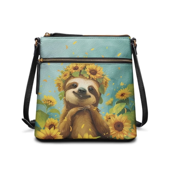 HELLHERO Sunflower and Sloth Sling Bag, Waterproof Shoulder Purse Adjustable Shoulder Strap Zipper Pockets Shoulder Bag for Daily Commute Travel