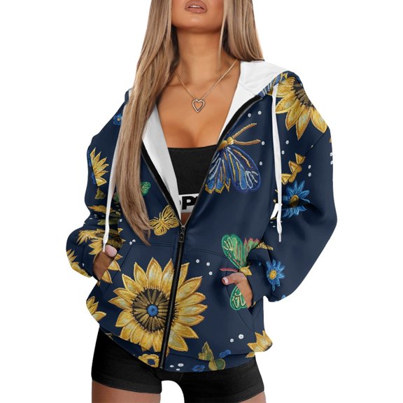 HELLHERO Sunflowers and Butterflies Drop Shoulder Cut Hooded Coat, Polyester Fabric Hooded Jacket With Zipper with Pockets Cropped Hoodie for Fall Vacation