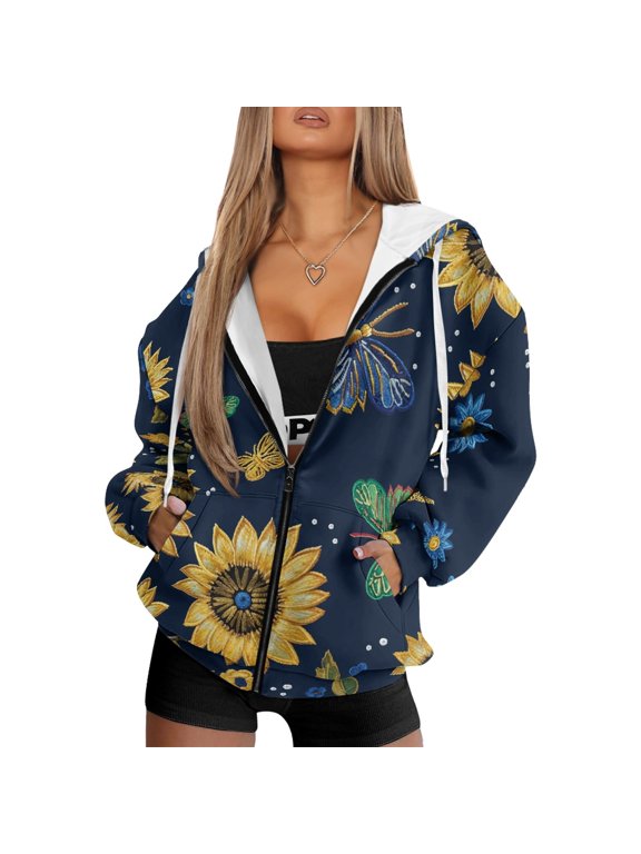 Sunflowers and Butterflies Drop Shoulder Cut Hooded Coat, Polyester Fabric Hooded Jacket With Zipper with Pockets Cropped Hoodie for Fall Vacation