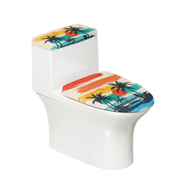 HELLHERO Sunset Coconut Tree Pattern 2 Piece Set Universal Toilet Bowl Cover with Stretch for Adjustable