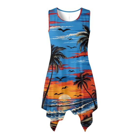 HELLHERO Sunset Palm Trees Sleeveless Sundress for Work Beach Vacation, Side Pockets Pleated Ladies Round Neck Sleeveless Midi Dress