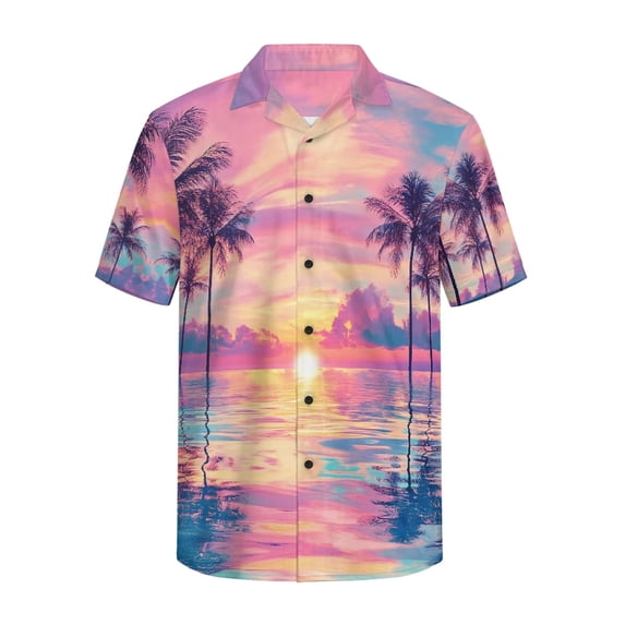 HELLHERO Sunset Scenery Design Men's Short Sleeve Button Top, Soft Comfortable Men's Short Sleeve Button Shirt Skin Friendly Men's Casual Shirt for Home Beach