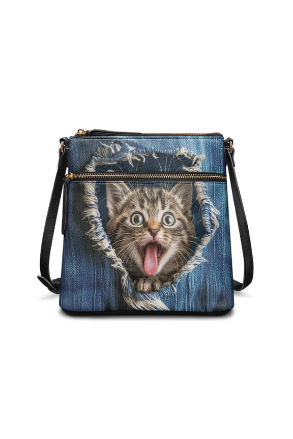 Surprised Tabby Cat in Ripped Denim Pattern Sling Bag, Fashion Crossbody Purse Durable Zipper Closure Crossbody Bag for Daily Dating