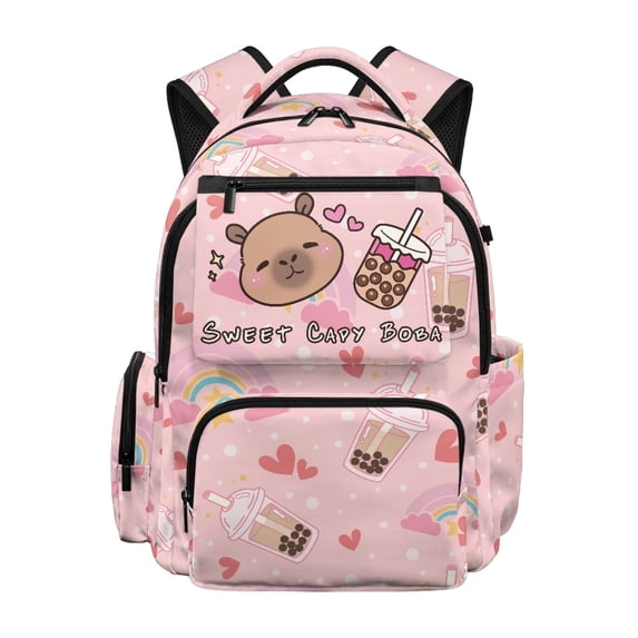 HELLHERO Sweet Capy Boba 17 Inch Kids Backpacks with Padded Shoulder Straps, Large Capacity Polyester School Bag for Elementary Back to School