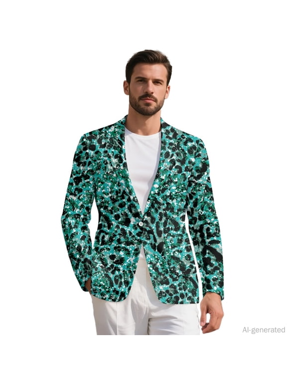 Teal Leopard Print Men's Suit Jacket, Single Button Mens Blazer Suit Jacket One Button Polyester Suit Jackets for Men for Summer