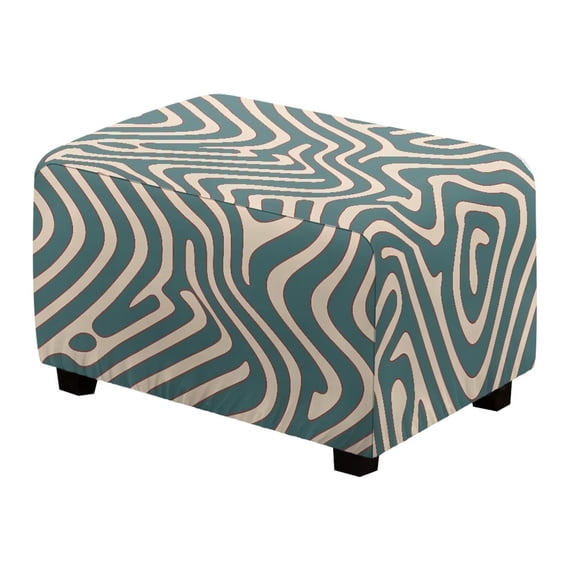 HELLHERO Teal Wavy Ottoman Slipcover Rectangle with Elastic Flowers Decorative Ottoman Cover for Bedroom Soft Polyester Fabric Footstool Slipcovers for Patio
