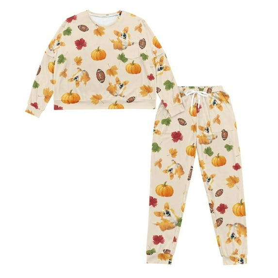 HELLHERO Thanksgiving Pajama Set for Women Corgi Pumpkin Printed Sleepwear Crewneck Loungewear Maple Leaves Printed Pjs Set for Home, S