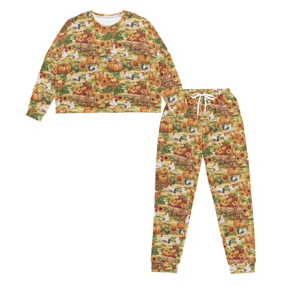 HELLHERO Thanksgiving Pajama Set for Women Rooster Pumpkin Printed Sleepwear Soft 2 Piece Pjs Set Long Sleeve Tops Jogger Pants Pajama Sets, L