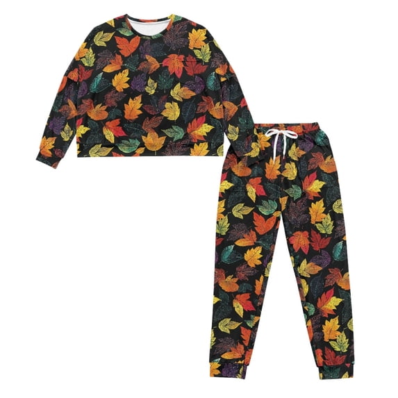 HELLHERO Thanksgiving Pajama for Women Maple Leaves Printed Pjs Set Soft Loungewear Long Sleeve Sleepwear with Jogger Pants Lounge Set, 2XL