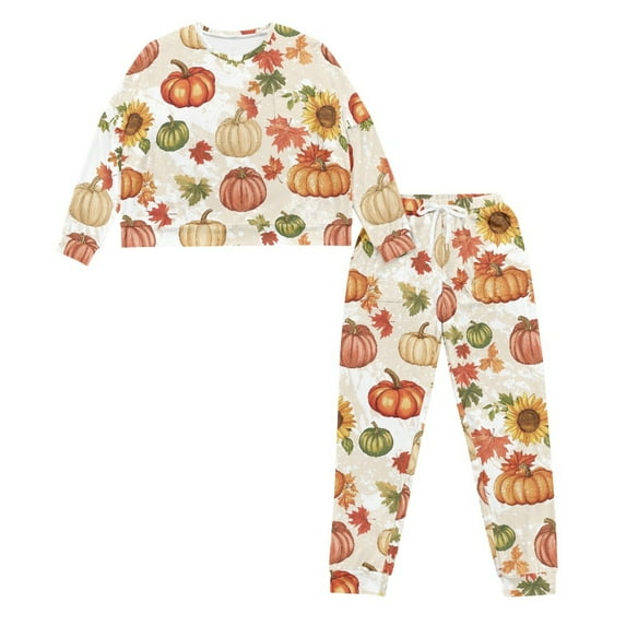 HELLHERO Thanksgiving Sleepwear fo Women Pumpkin Printed Fall Pajama Crewneck Pjs Set Maple Leaves Printed Nightwear Long Sleeve Tops Jogger Pants Pajama Sets, S