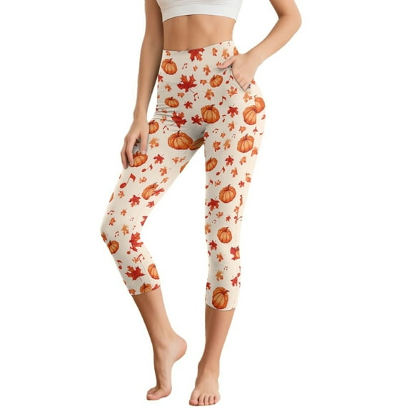 HELLHERO Thanksgiving Yoga Leggings for Women Fall Pumpkin Printed Capri Leggings with Pockets Maple Leaves Printed Yoga Pants for Sports Gym, 2XL