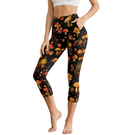 HELLHERO Thanksgiving Yoga Leggings for Women Mushroom Maple Leaves Printed Yoga Pants High Waisted Capri Leggings Fall Yoga Capris with Pockets, XS