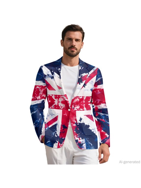 The Image of the British Flag Polyester Sports Coat with Solid, One Button Slim Fit Blazer Suit Jacket for Summer