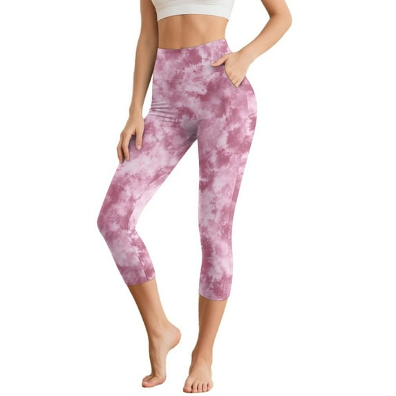 HELLHERO Tie Dye Print Yoga Leggings for Women High Waisted Capri Leggings Tummy Control Yoga Capris with Pockets, S