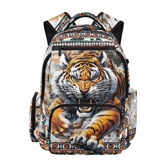 HELLHERO Tiger Aztec Pattern Padded Breathable Straps Shoulder Bookbag for Back to School Elementary School, Padded Shoulder Straps Lightweight 600D Polyester School Bag