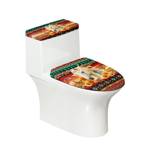 HELLHERO Toilet Cover Set 2 Pieces Polyester Fabric Elastic Installation for Homeowners, White Horse in Sunflower Field
