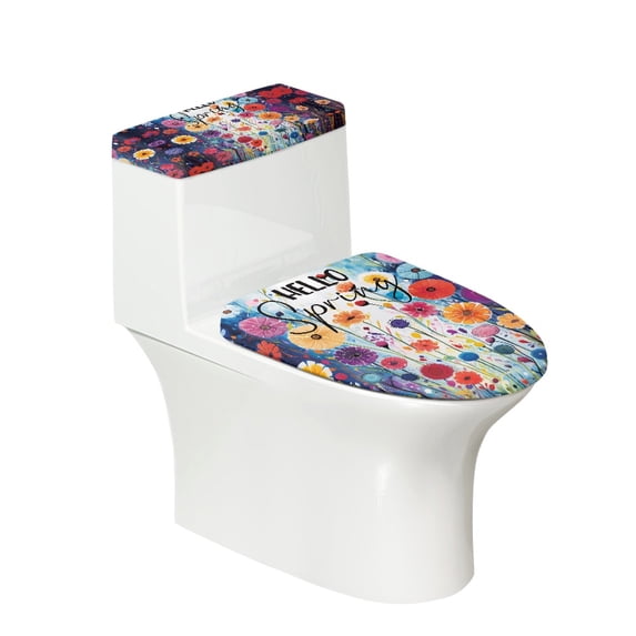 HELLHERO Toilet Dust Cover Set Stretch Toilet Cover Set & Pack of 2 Elastic Bottom Adjustable, Hello Spring Floral Pattern