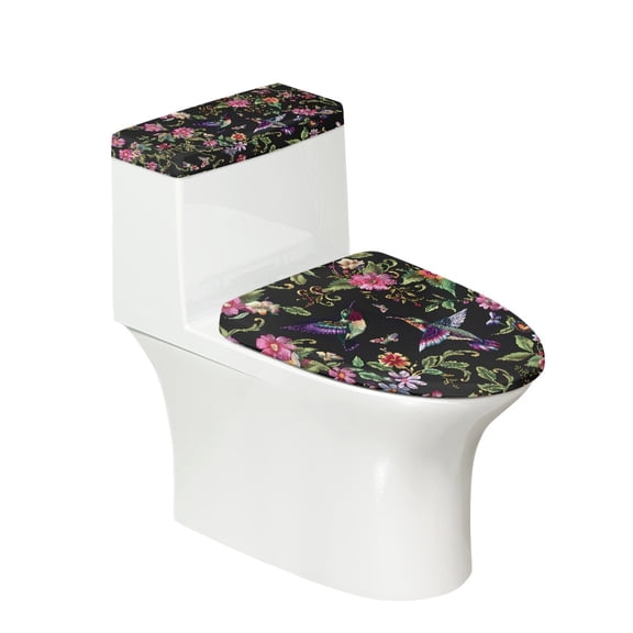 HELLHERO Toilet Lid Cover Set with Floral Hummingbird 17x21 Inches, Polyester Dust Proof Two Piece Set for Bathroom Home Decor