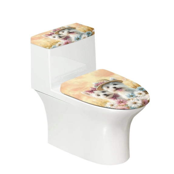 HELLHERO Toilet Seat Lid Cover Set 2 Piece Set Washable and Reusable Adjustable Toilet Lid Seat Cover Set Soft, West Highland Terriers Daisies