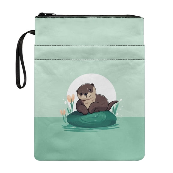 HELLHERO Tote Bags with Book Protection Polyester Fabric Book Protector with Washable for Travel Book Organzier Holder Waterproof Book Storage Bag Otter Pond