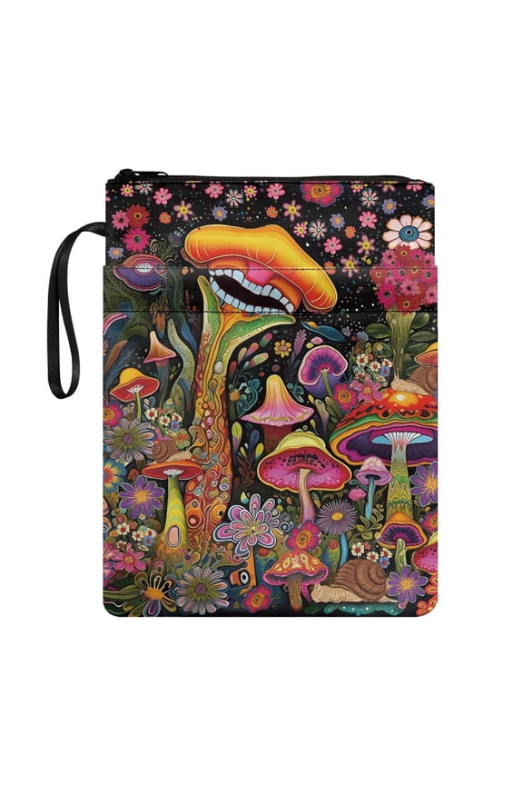 Tote Bags Reusable Polyester Fabric Zipper Easy Carry Book Case with Pocket Protector Wrap Bag, Mushrooms Flowers