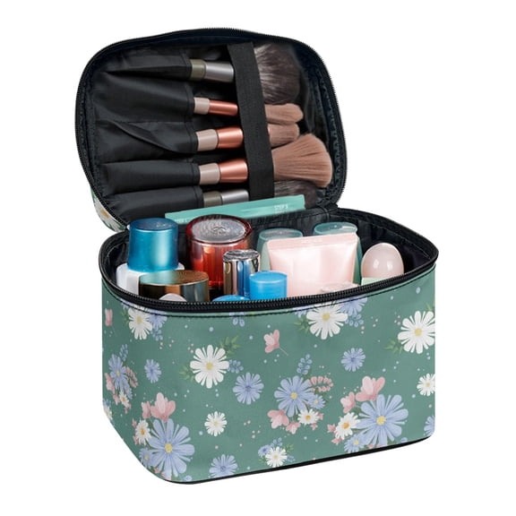 HELLHERO Travel Cosmetic Bags (8.86"x6.5"x5.9") Teal Floral Pattern, with Large Capacity Multi-Function Makeup Organizer Female