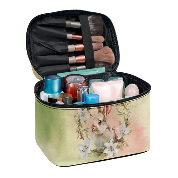 HELLHERO Travel Makeup Case Portable Travel Cosmetic Bags Double Zip Handheld Lightweight Rabbit and Floral Pattern Design