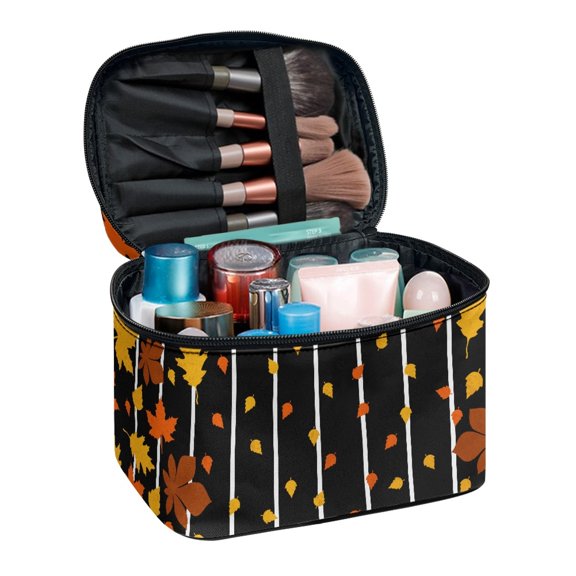 HELLHERO Travel Makeup Cosmetic Case Organizer Handle Autumn Maple Leaves Zipper Storage Bag Polyester Travel Make Up Organizer Large Capacity Double Zip Women Men