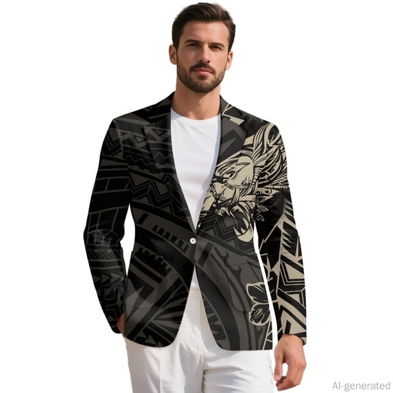 HELLHERO Tribal Lion Floral Pattern Polyester Classic Fit Sport Coats with Lightweight, With Pockets Versatile Men Suit Set for Prom