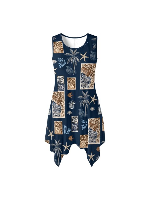 Tropical Beach Motif Print Ladies Round Neck Sleeveless Dress, Side Pockets Sleeveless Sundress with Irregular Hem Pleated for Dating