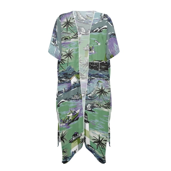 HELLHERO Tropical Coastal Harbor Print Kimono - Lightweight Breathable Beach Cover Up | Flowy Loose Fit for Summer Vacation, Pool & Resort