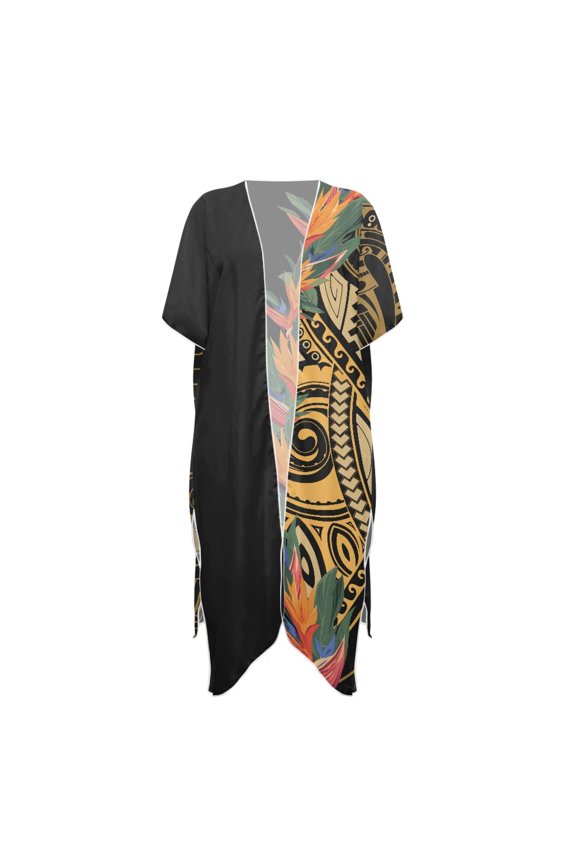 Tropical Feather Long Kimono Swimsuit Cover Up Polyester Flowy Free Size Bathing Suit Cover Up for Women