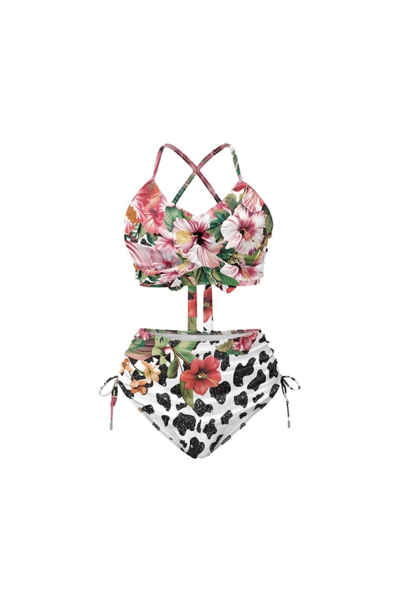 Tropical Floral & Cow Print 2-Piece High Waisted Bikini - Halter Neck with Drawstring Sides, Removable Pads for Beach & Vacation