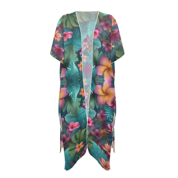 HELLHERO Tropical Flowers Bathing Suit Cover Up Fashion High Quality Fabrics Short Sleeve Long Kimono Swimsuit Cover Up